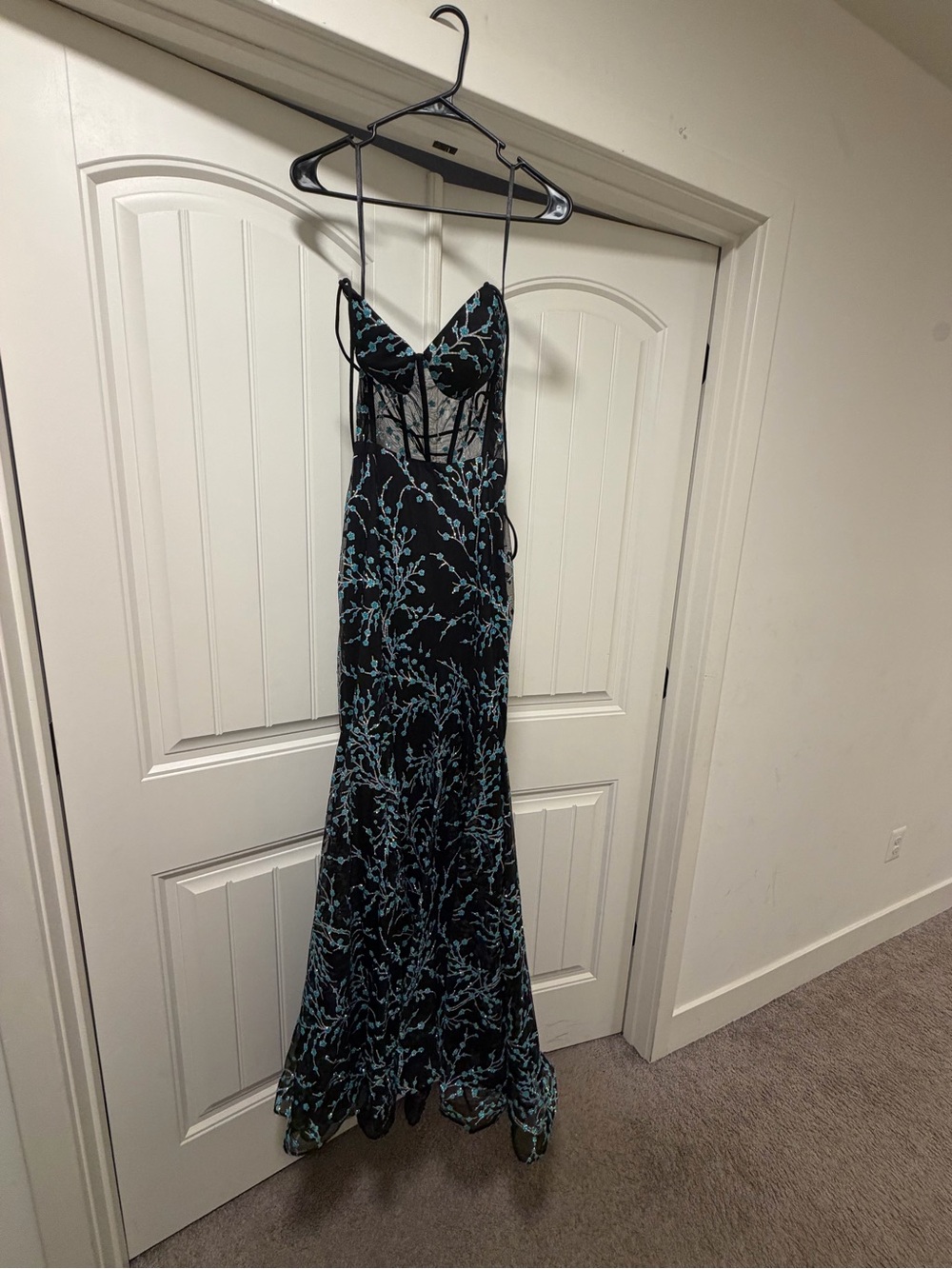 Blondie Nites Black Dress with Teal Floral Lace Overlay